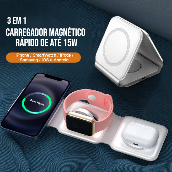 Carregador Dobrável Sem Fio 3 em 1 Magnético 2023 - Miston