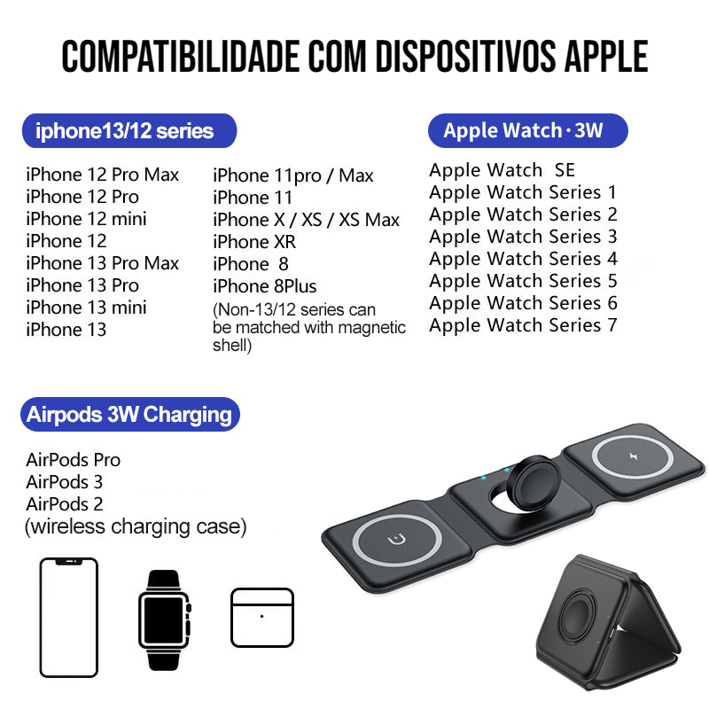 Carregador Dobrável Sem Fio 3 em 1 Magnético 2023 - Miston