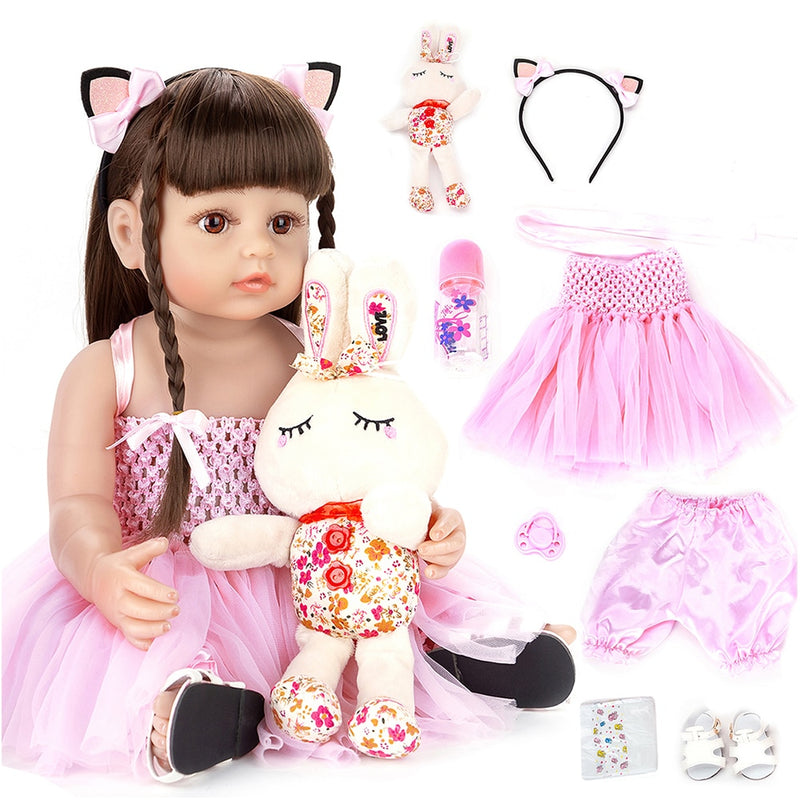 Boneca Reborn De Silicone Princesa de 55cm na cor Rosa Com Coelho De Pelúcia